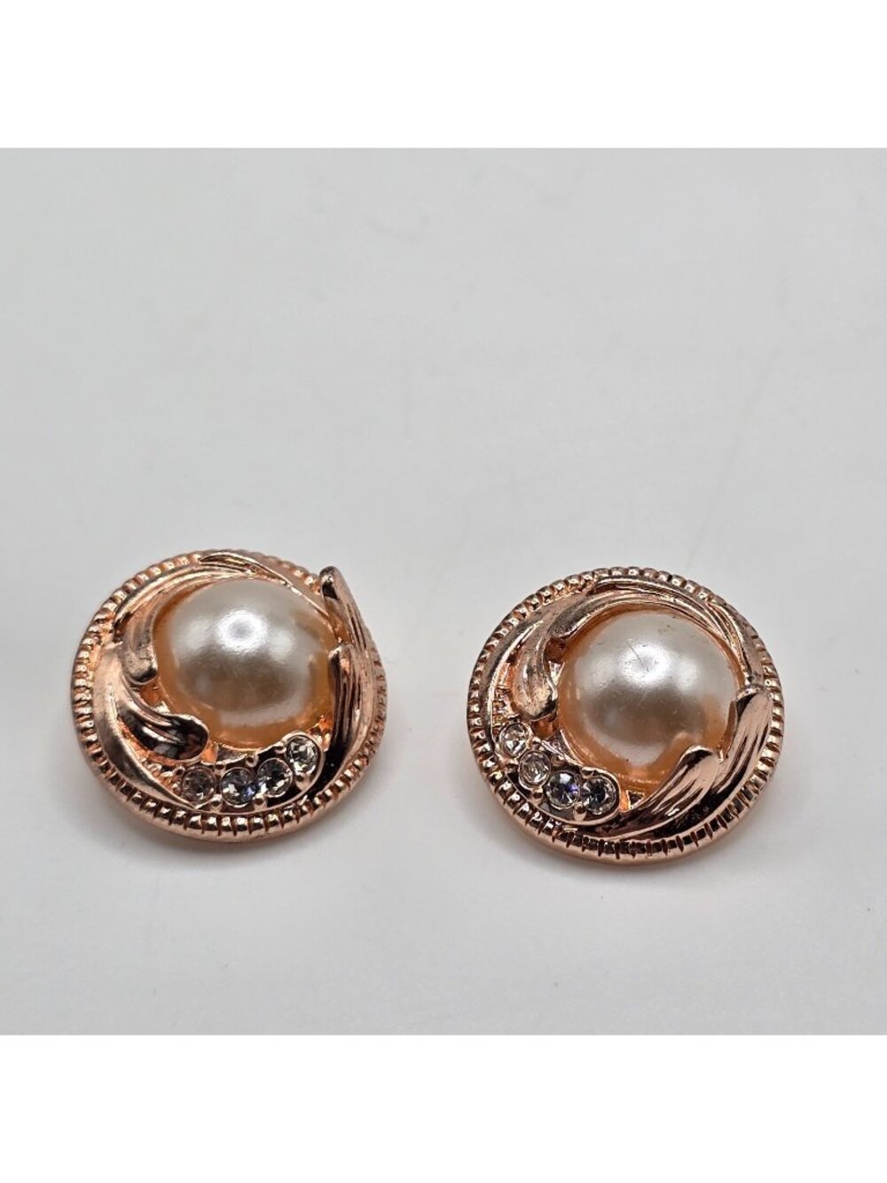 Faux Pearl Snap Button Charm Rhinestone Rose Gold Tone Interchangeable Jewelry